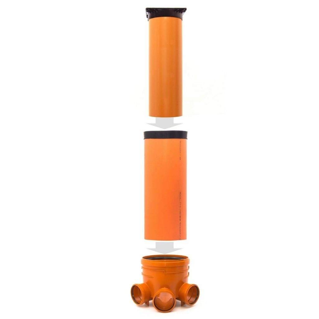 Produktbild von KG Schacht DN 400 – Schachtboden 3x160/1x160 + Rohr DN400, DN315 Und Deckel